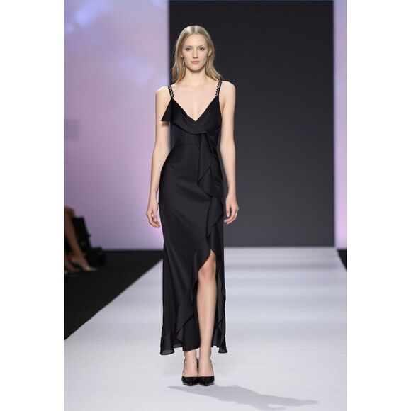 For Love & Lemons Black Ruffle Open Front Satin Slip Dress Size XS - Picture 10 of 14